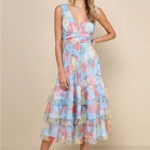 Lulu's Floral Midi Dress in Blue and Pink